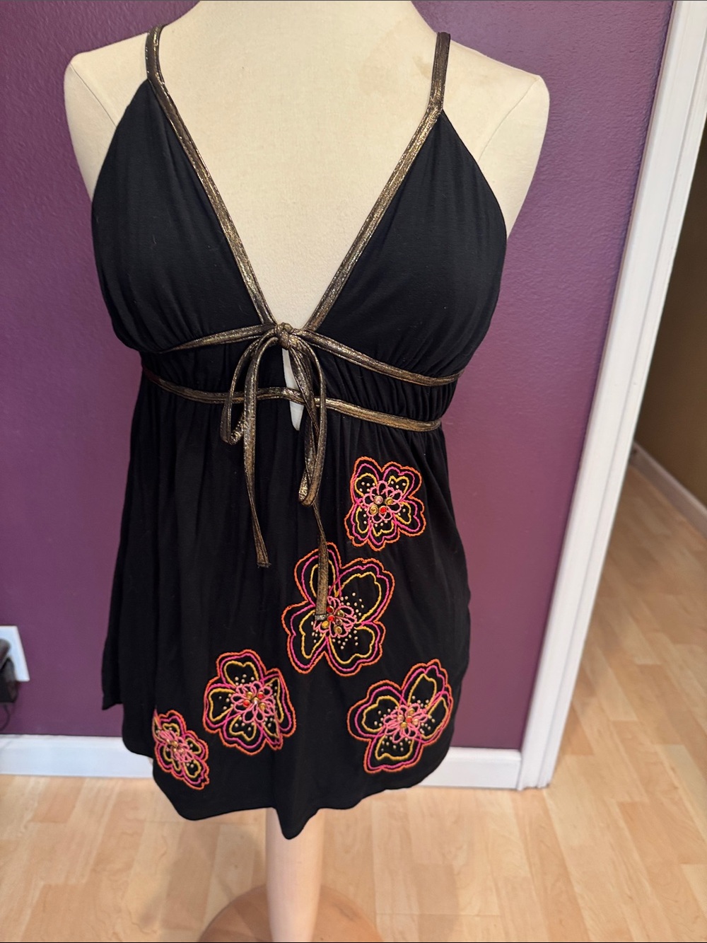 Soul Revival Black Camisole with Pink & Orange Floral Embroidery